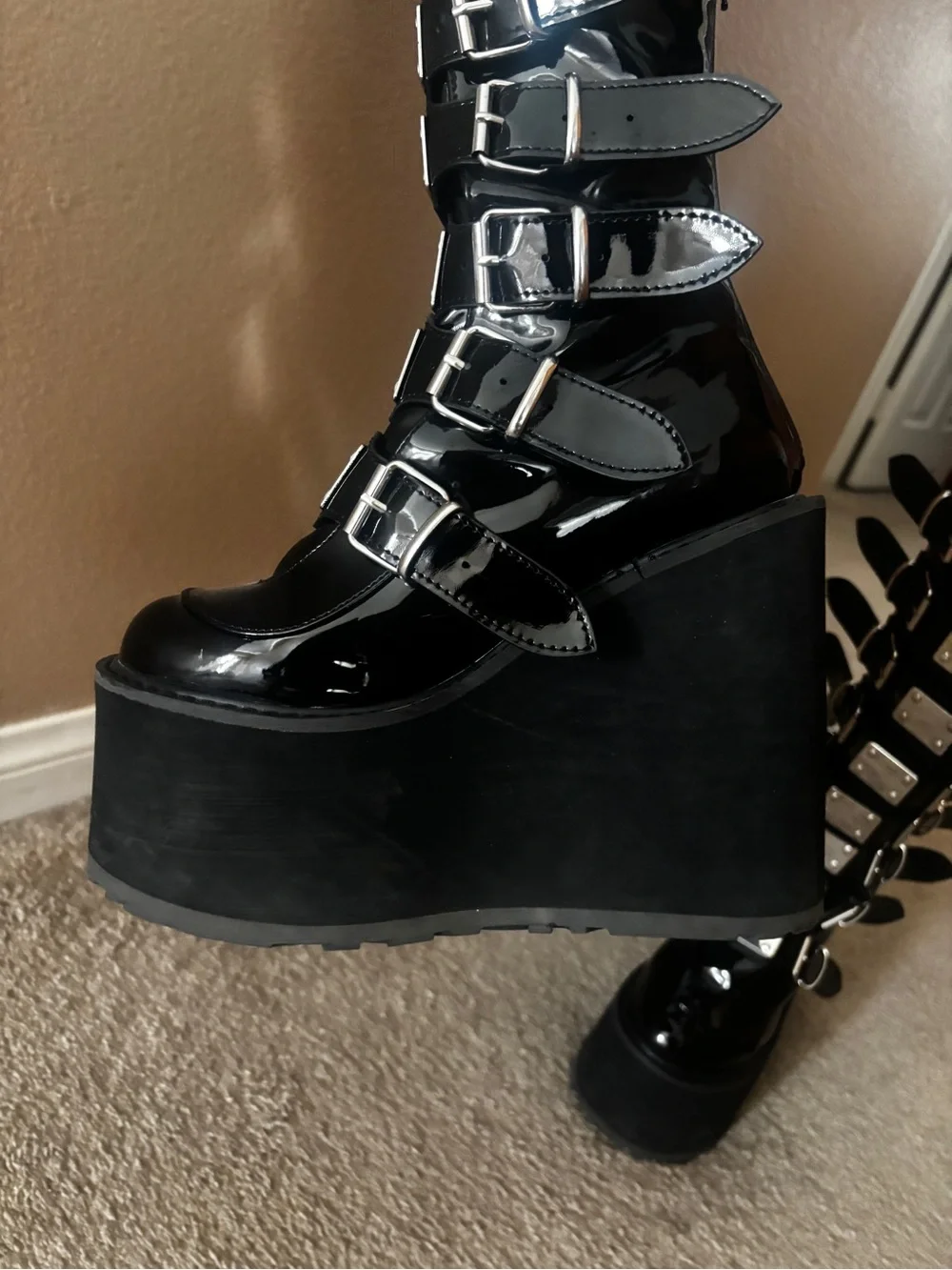 Demonia Black Patent Multi-Buckle Platform Knee Boots